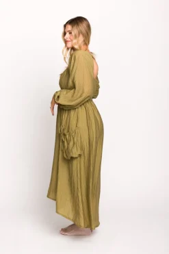 Fashion Worth Collective Ariana Long Sleeved Maxi Dress with Slouchy Pocket in Olive