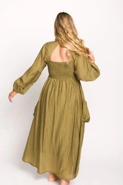Fashion Worth Collective Ariana Long Sleeved Maxi Dress with Slouchy Pocket in Olive