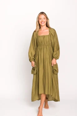 Fashion Worth Collective Ariana Long Sleeved Maxi Dress with Slouchy Pocket in Olive