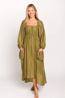 Fashion Worth Collective Ariana Long Sleeved Maxi Dress with Slouchy Pocket in Olive