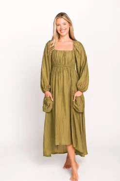 Fashion Worth Collective Ariana Long Sleeved Maxi Dress with Slouchy Pocket in Olive