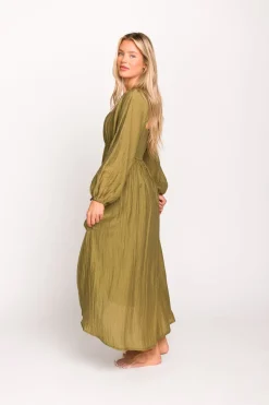 Fashion Worth Collective Ariana Long Sleeved Maxi Dress with Slouchy Pocket in Olive