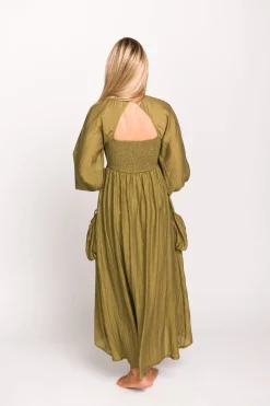 Fashion Worth Collective Ariana Long Sleeved Maxi Dress with Slouchy Pocket in Olive