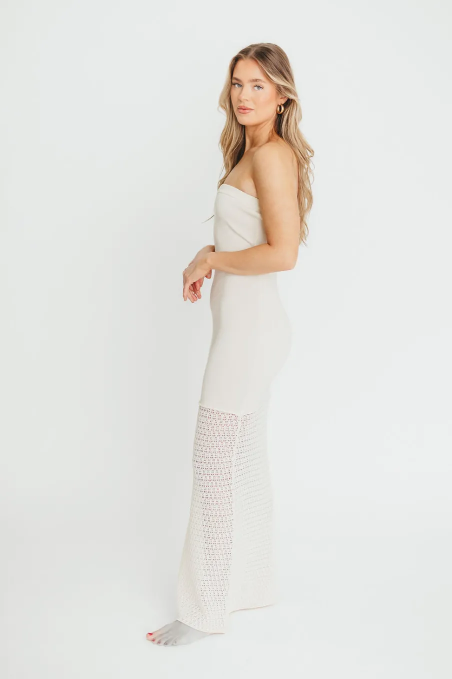 Hot Worth Collective Arya Crochet Bottom Midi Dress in Cream