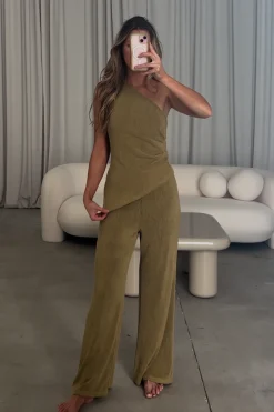 Sale Worth Collective Ashley Asymmetrical One Shoulder Top and Pants Set in Olive