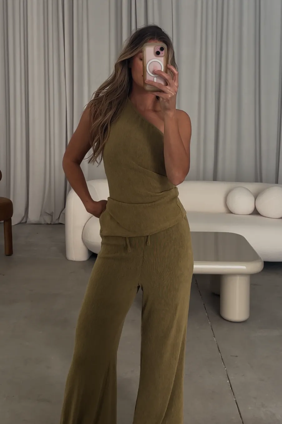 Sale Worth Collective Ashley Asymmetrical One Shoulder Top and Pants Set in Olive