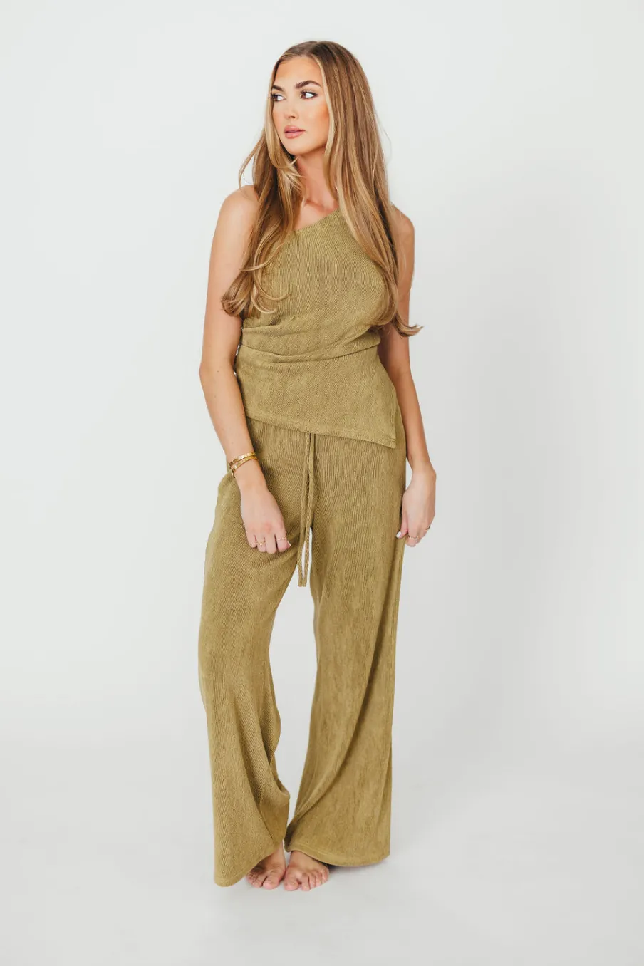 Sale Worth Collective Ashley Asymmetrical One Shoulder Top and Pants Set in Olive