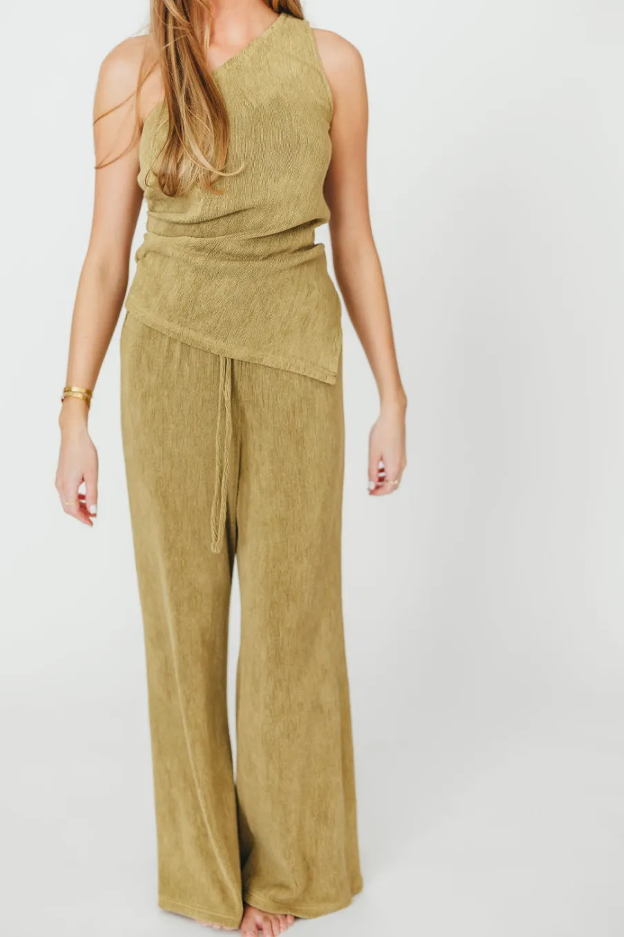 Sale Worth Collective Ashley Asymmetrical One Shoulder Top and Pants Set in Olive