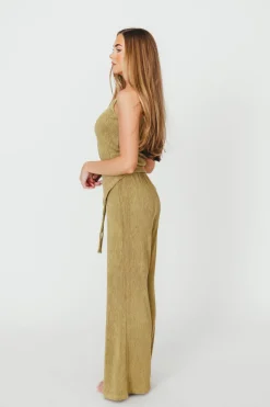 Sale Worth Collective Ashley Asymmetrical One Shoulder Top and Pants Set in Olive