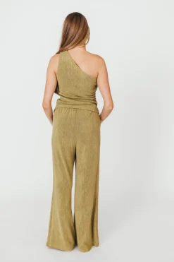 Sale Worth Collective Ashley Asymmetrical One Shoulder Top and Pants Set in Olive