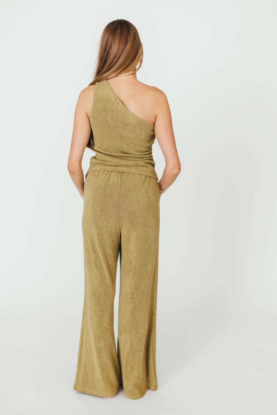 Sale Worth Collective Ashley Asymmetrical One Shoulder Top and Pants Set in Olive
