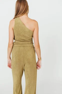 Sale Worth Collective Ashley Asymmetrical One Shoulder Top and Pants Set in Olive