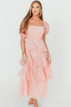 Best Worth Collective Ashlyn Tiered Ruffle Midi Dress in Baby Pink