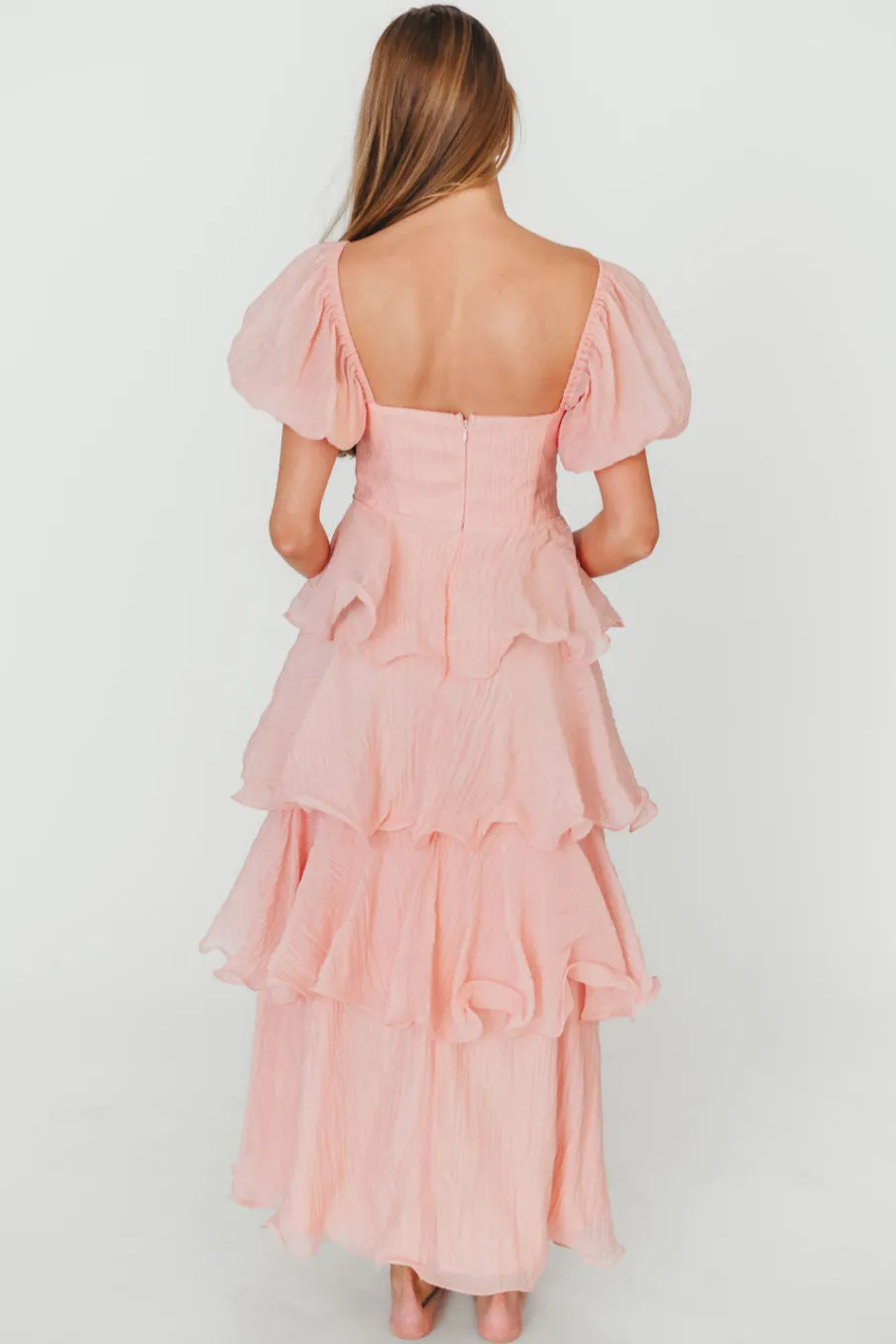 Best Worth Collective Ashlyn Tiered Ruffle Midi Dress in Baby Pink