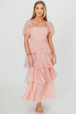 Best Worth Collective Ashlyn Tiered Ruffle Midi Dress in Baby Pink