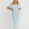 Discount Worth Collective Aston Bow Front Maxi Sweater Dress in Ice Metal – Bump Friendly & Incl