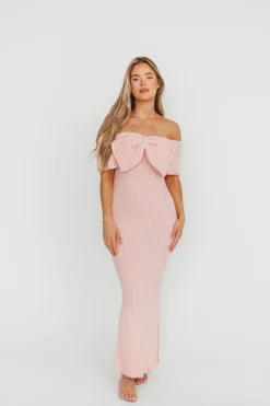 Fashion Worth Collective Aston Bow Front Maxi Sweater Dress in Pinkish Petal– Bump Friendly & I
