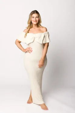 Hot Worth Collective Aston Bow Front Maxi Sweater Dress in Ivory– Bump Friendly & Inclusive