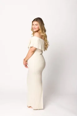Hot Worth Collective Aston Bow Front Maxi Sweater Dress in Ivory– Bump Friendly & Inclusive