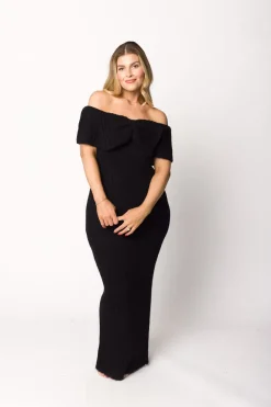 Sale Worth Collective Aston Bow Front Maxi Sweater Dress in Black - Bump Friendly