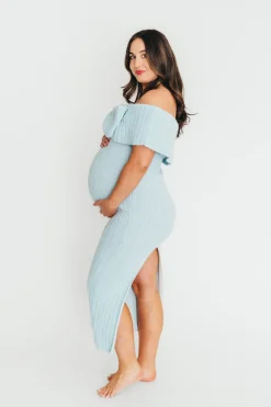 Discount Worth Collective Aston Bow Front Maxi Sweater Dress in Ice Metal – Bump Friendly & Incl