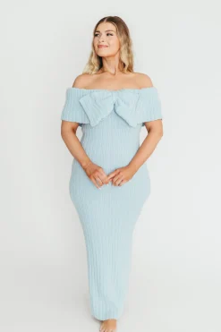 Discount Worth Collective Aston Bow Front Maxi Sweater Dress in Ice Metal – Bump Friendly & Incl