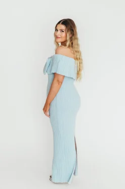Discount Worth Collective Aston Bow Front Maxi Sweater Dress in Ice Metal – Bump Friendly & Incl