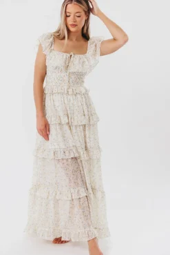 New Worth Collective Astrid Ruffle Detail Maxi Dress in Yellow Floral *FULLY LINED* - Bump
