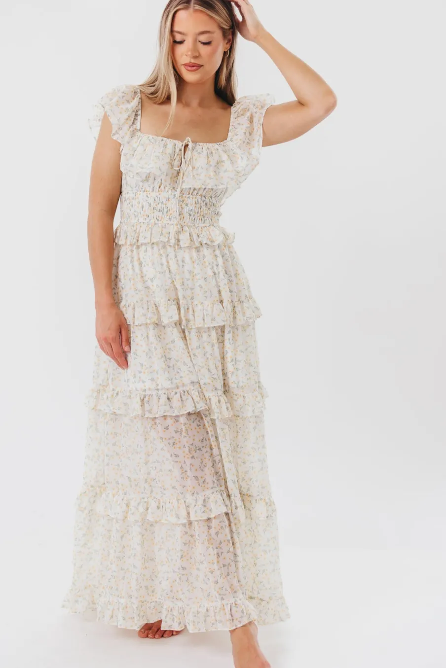 New Worth Collective Astrid Ruffle Detail Maxi Dress in Yellow Floral *FULLY LINED* - Bump