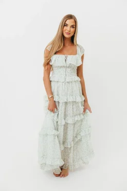 Clearance Worth Collective Astrid Ruffle Detail Maxi Dress in Sage Floral *FULLY LINED* - Bump Fr