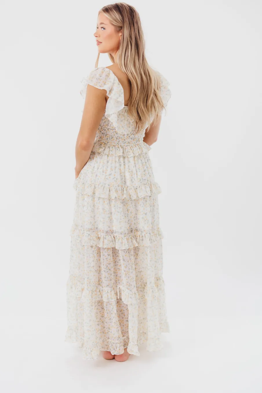 New Worth Collective Astrid Ruffle Detail Maxi Dress in Yellow Floral *FULLY LINED* - Bump