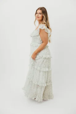 Clearance Worth Collective Astrid Ruffle Detail Maxi Dress in Sage Floral *FULLY LINED* - Bump Fr