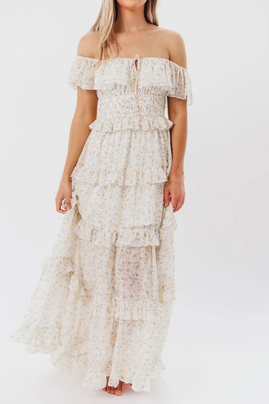 New Worth Collective Astrid Ruffle Detail Maxi Dress in Yellow Floral *FULLY LINED* - Bump