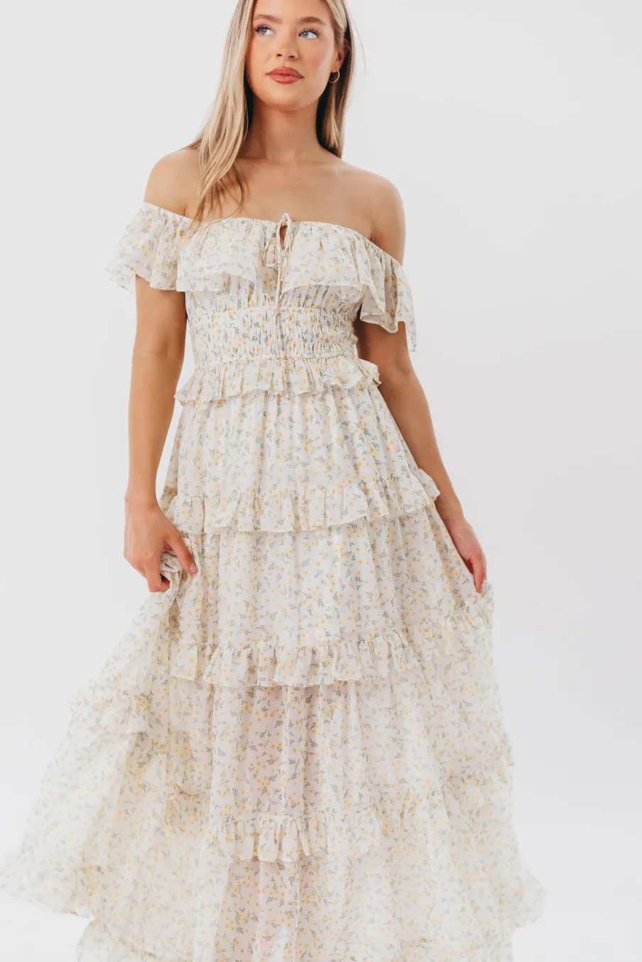 New Worth Collective Astrid Ruffle Detail Maxi Dress in Yellow Floral *FULLY LINED* - Bump