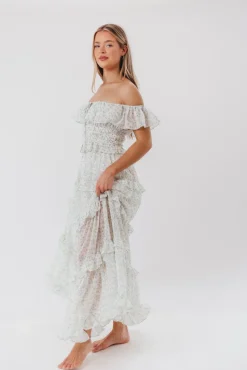 Clearance Worth Collective Astrid Ruffle Detail Maxi Dress in Sage Floral *FULLY LINED* - Bump Fr