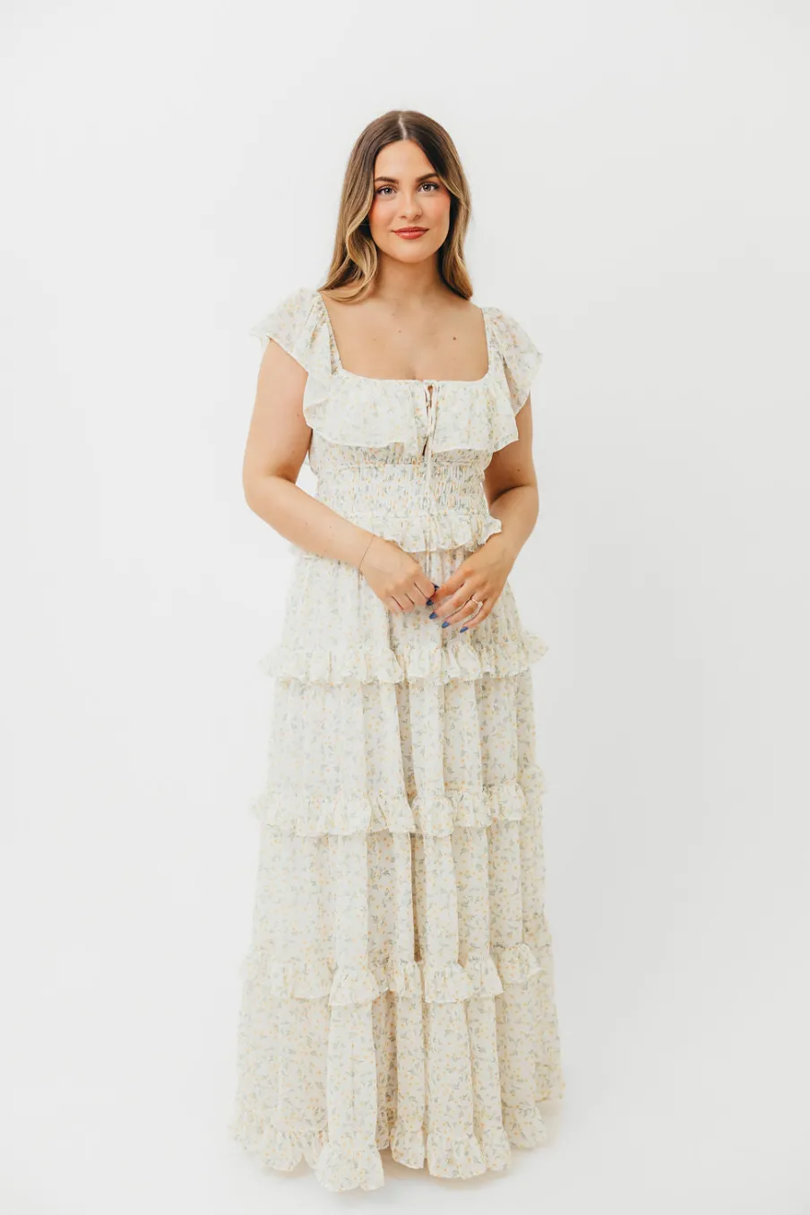 New Worth Collective Astrid Ruffle Detail Maxi Dress in Yellow Floral *FULLY LINED* - Bump