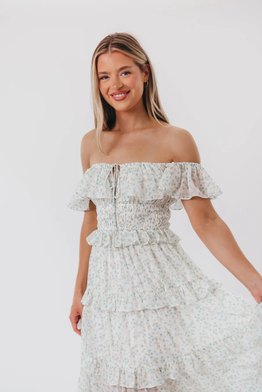 Clearance Worth Collective Astrid Ruffle Detail Maxi Dress in Sage Floral *FULLY LINED* - Bump Fr