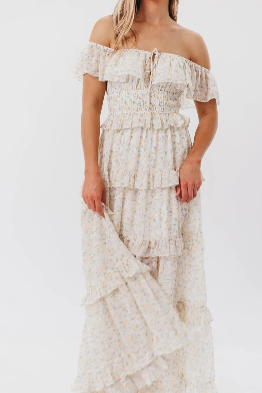 New Worth Collective Astrid Ruffle Detail Maxi Dress in Yellow Floral *FULLY LINED* - Bump