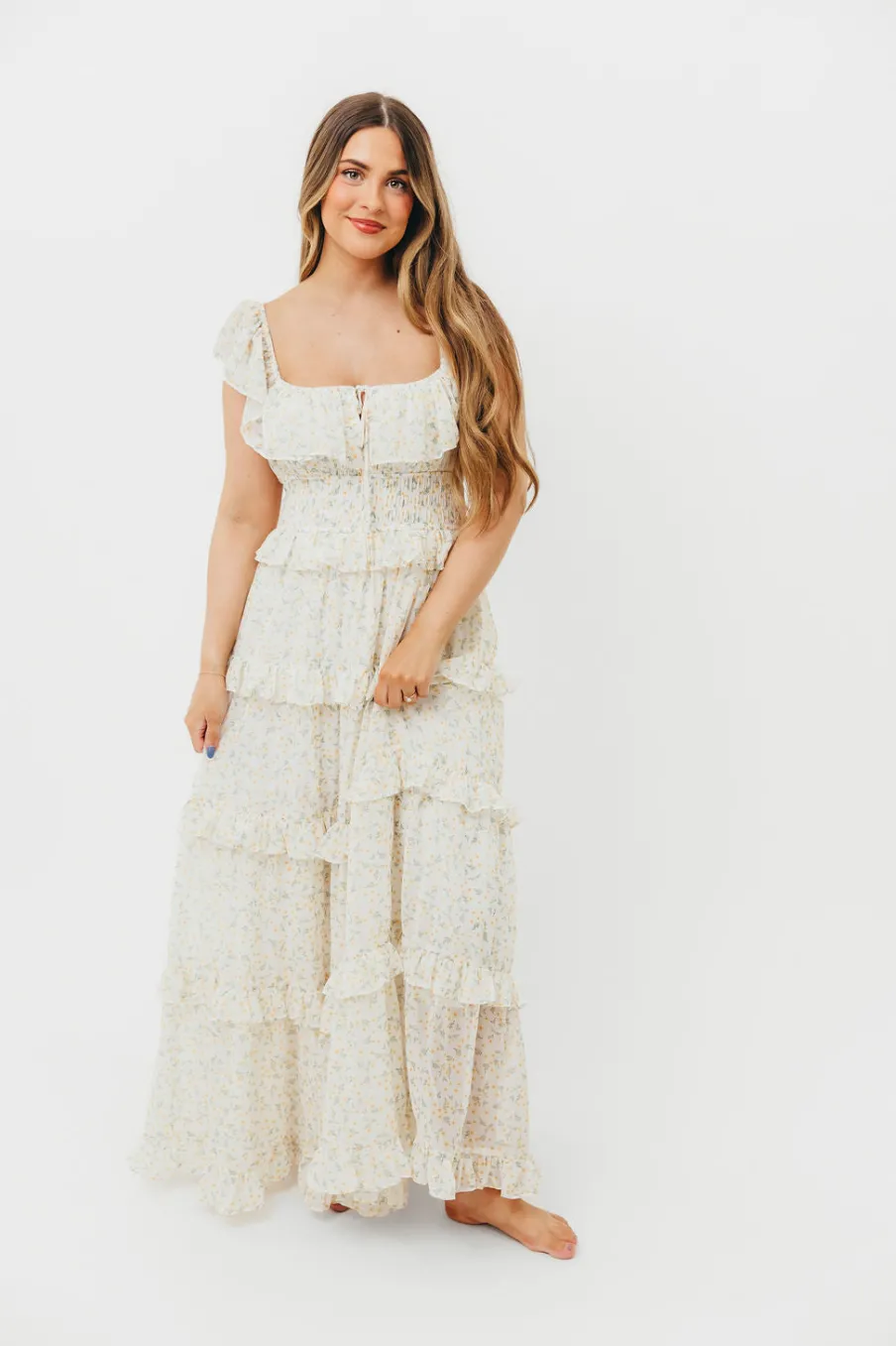 New Worth Collective Astrid Ruffle Detail Maxi Dress in Yellow Floral *FULLY LINED* - Bump