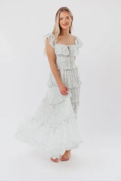 Clearance Worth Collective Astrid Ruffle Detail Maxi Dress in Sage Floral *FULLY LINED* - Bump Fr