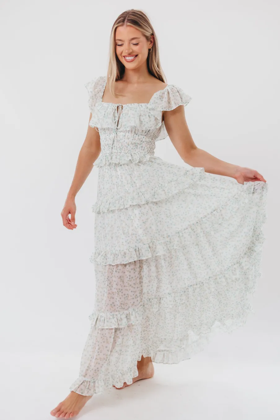 Clearance Worth Collective Astrid Ruffle Detail Maxi Dress in Sage Floral *FULLY LINED* - Bump Fr