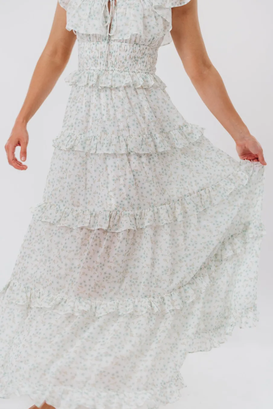 Clearance Worth Collective Astrid Ruffle Detail Maxi Dress in Sage Floral *FULLY LINED* - Bump Fr