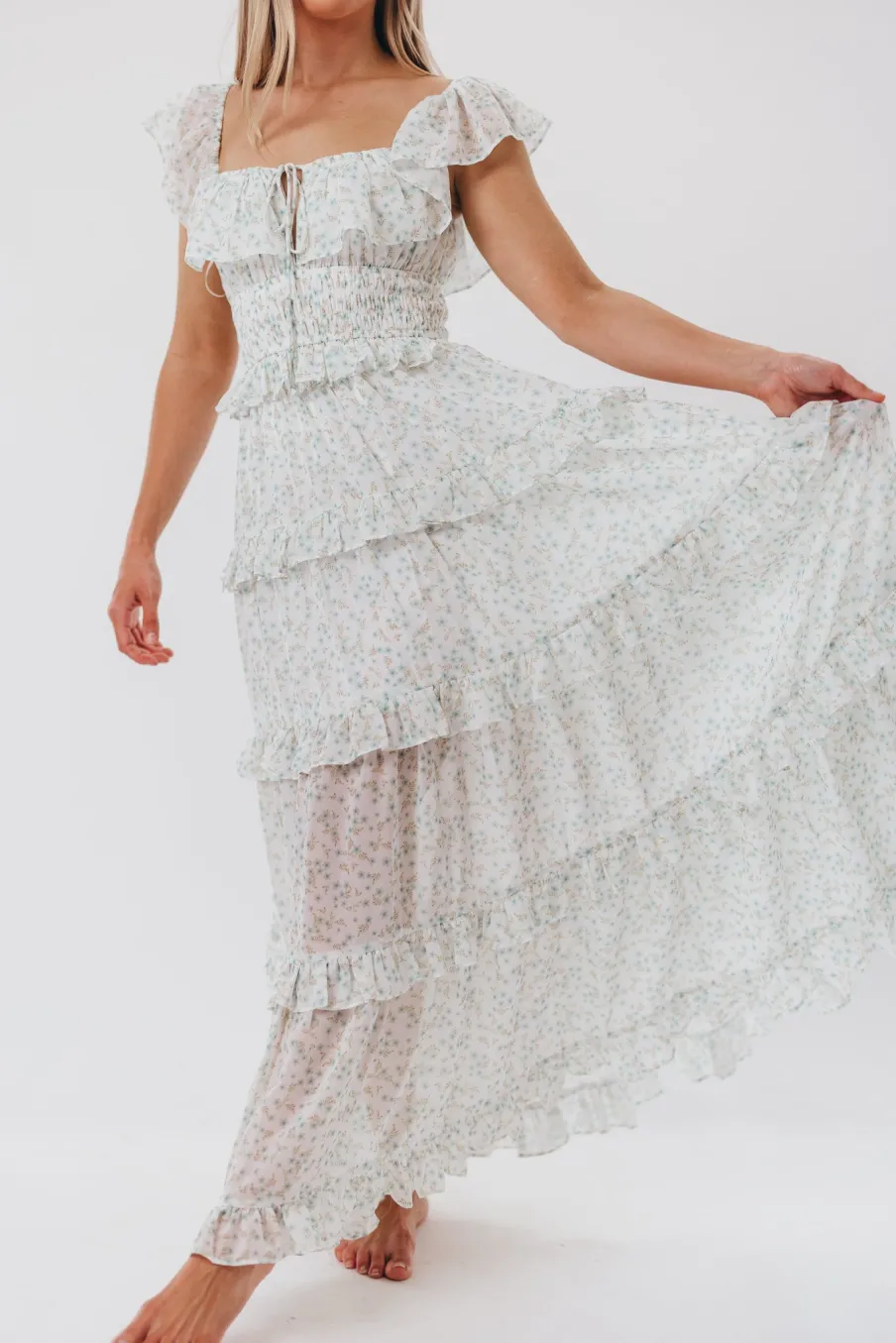 Clearance Worth Collective Astrid Ruffle Detail Maxi Dress in Sage Floral *FULLY LINED* - Bump Fr