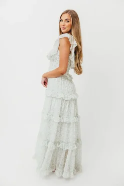 Clearance Worth Collective Astrid Ruffle Detail Maxi Dress in Sage Floral *FULLY LINED* - Bump Fr