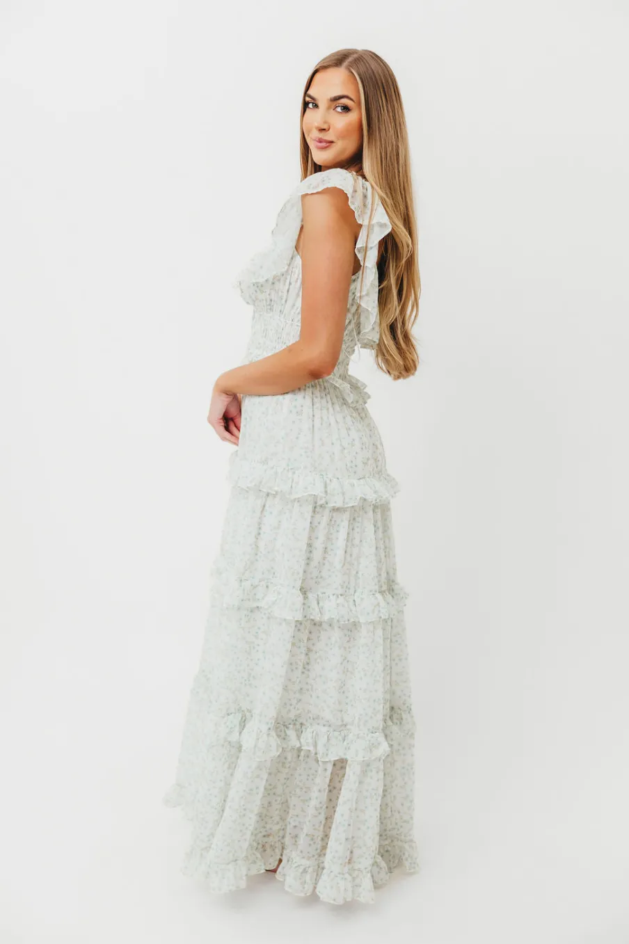 Clearance Worth Collective Astrid Ruffle Detail Maxi Dress in Sage Floral *FULLY LINED* - Bump Fr