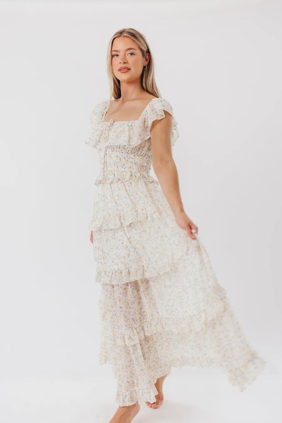 New Worth Collective Astrid Ruffle Detail Maxi Dress in Yellow Floral *FULLY LINED* - Bump
