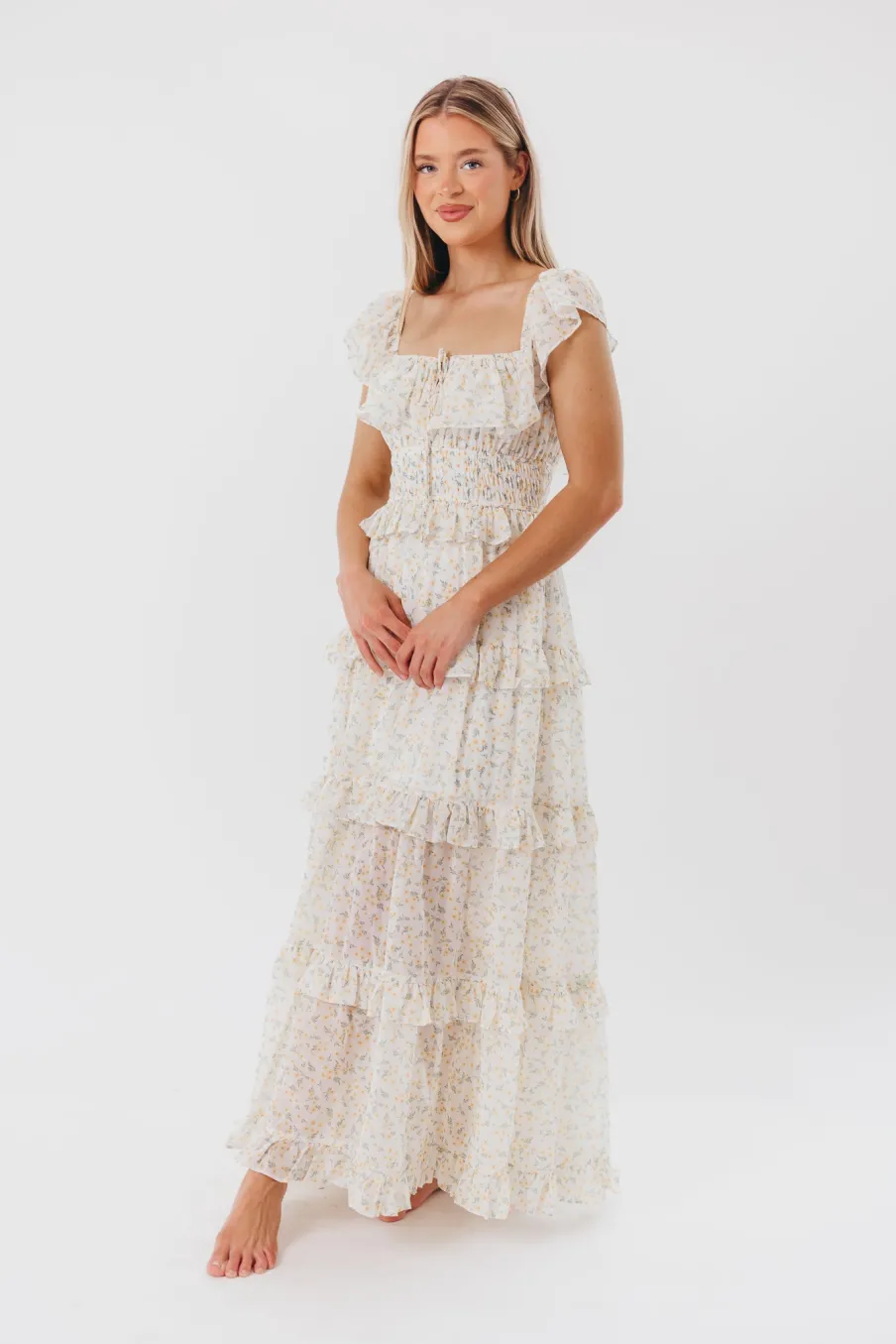 New Worth Collective Astrid Ruffle Detail Maxi Dress in Yellow Floral *FULLY LINED* - Bump