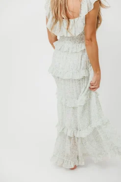 Clearance Worth Collective Astrid Ruffle Detail Maxi Dress in Sage Floral *FULLY LINED* - Bump Fr