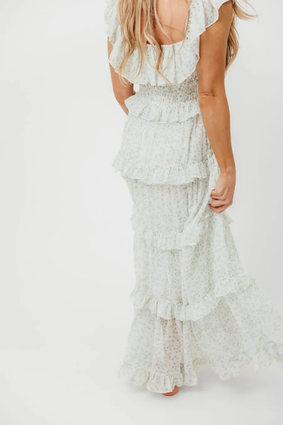Clearance Worth Collective Astrid Ruffle Detail Maxi Dress in Sage Floral *FULLY LINED* - Bump Fr