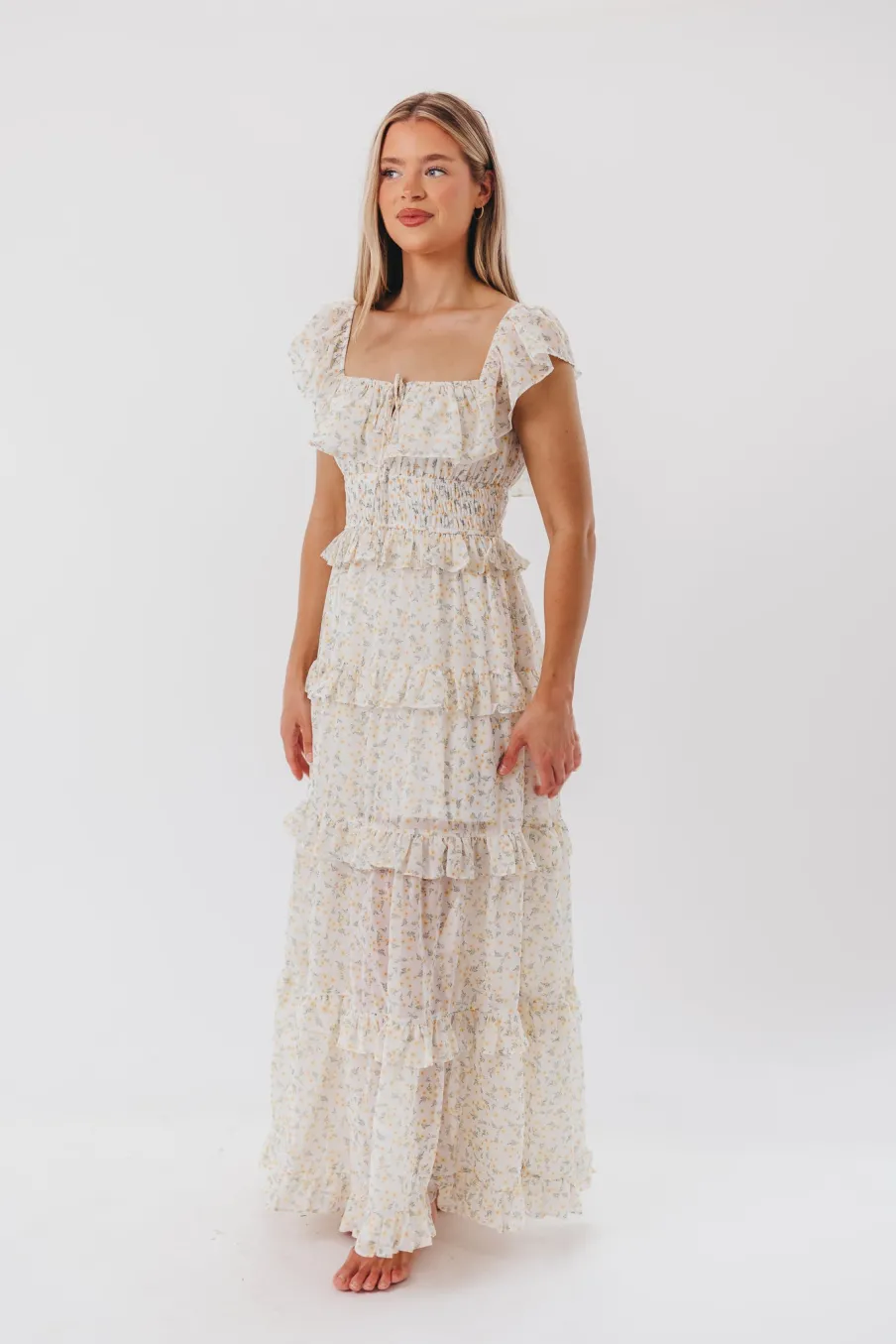 New Worth Collective Astrid Ruffle Detail Maxi Dress in Yellow Floral *FULLY LINED* - Bump